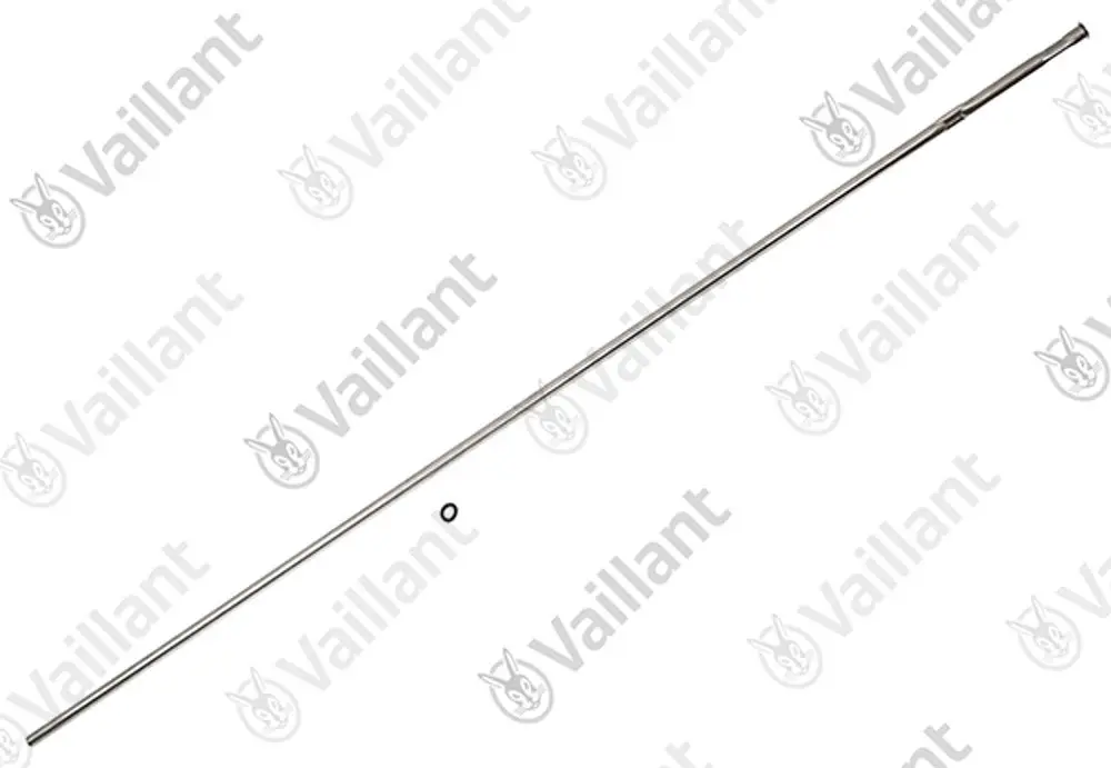 Edelstahlrohr von Vaillant, langgezogen, mit einem O-Ring. Das Produkt ist für Heizungsanwendungen konzipiert und zeigt eine glatte, metallische Oberfläche.